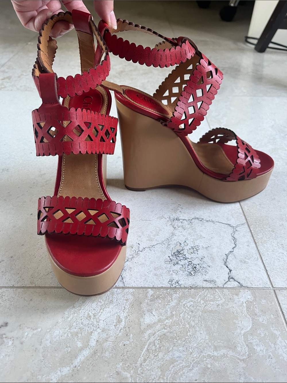 Chloe Red Laser-Cut Lattice Leather Wedge Sandals Sz 36